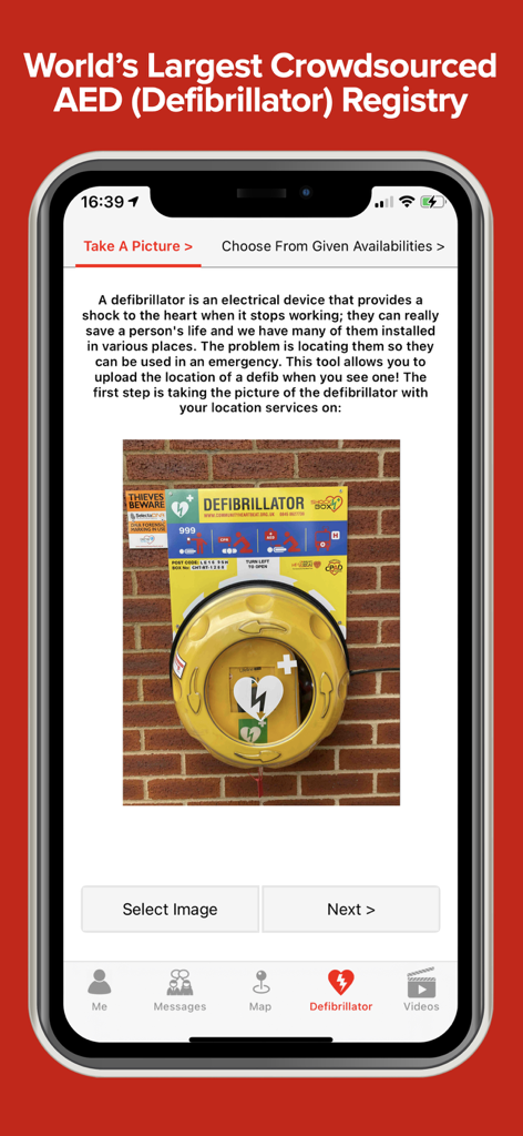 GoodSAM Responder - Interface of the GoodSAM Responder app for adding a defibrillator location to the crowdsourced AED registry.