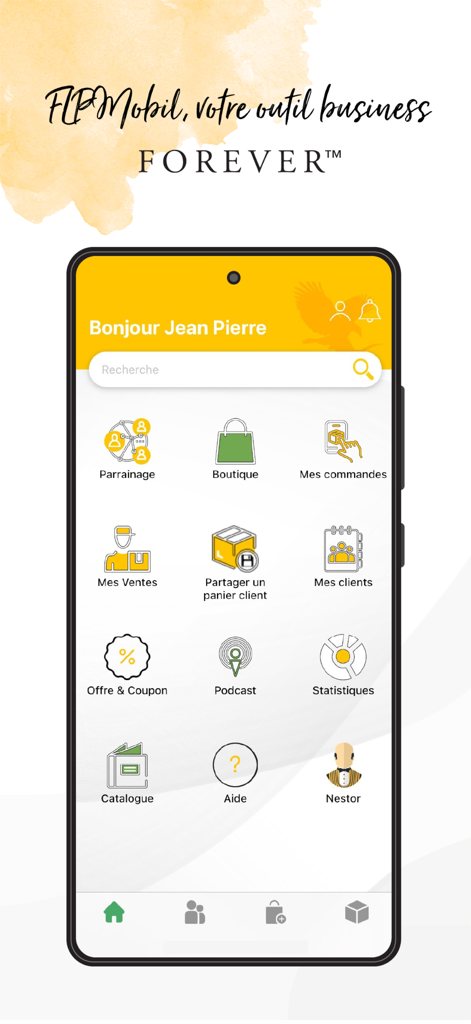 FLPMobil FOREVER - Main dashboard of the FLPMobil FOREVER app showing icons for business management tasks like sponsorship, shop, orders, and sales statistics.