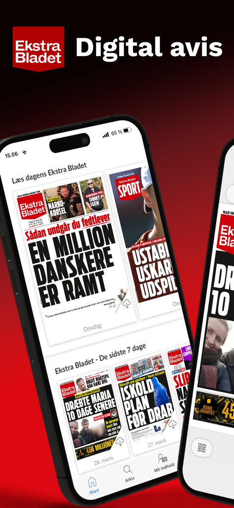 La interfaz de la aplicación Ekstra Bladet e-Avis que muestra el periódico digital de hoy y números de los últimos siete días.