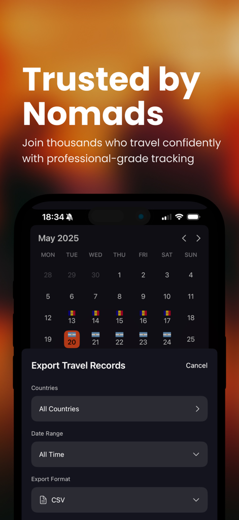 Country Days Tracker: Staydays - Staydays app interface showing the export travel records screen with a calendar view and CSV export option