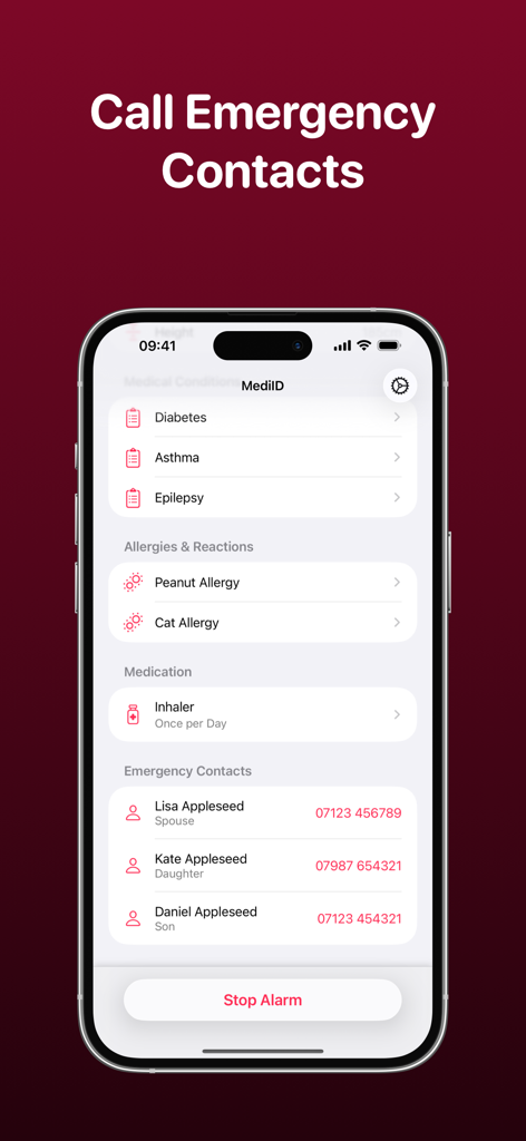 iPhone screen displaying MediID medical profile including health conditions, allergies, medications, and emergency contact list.