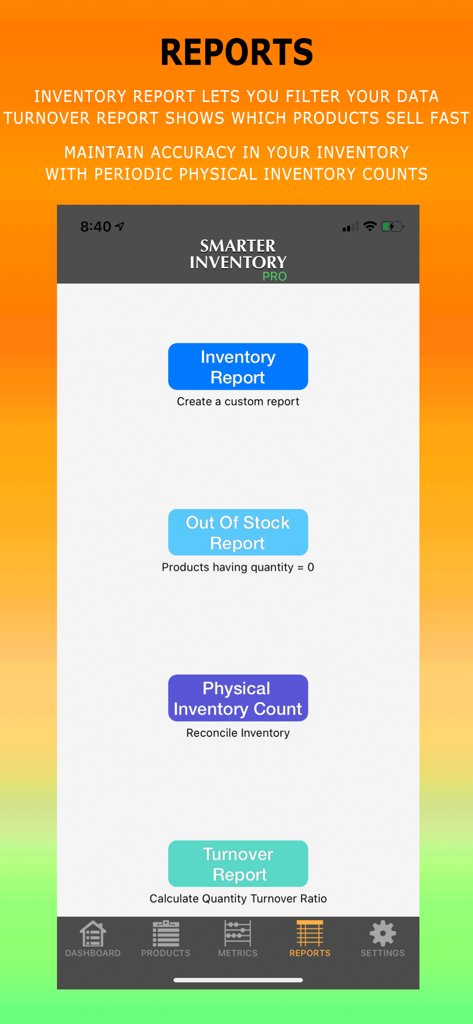 Smarter Inventory - Smarter Inventory Pro reports menu showing inventory, out of stock, physical inventory count, and turnover report options