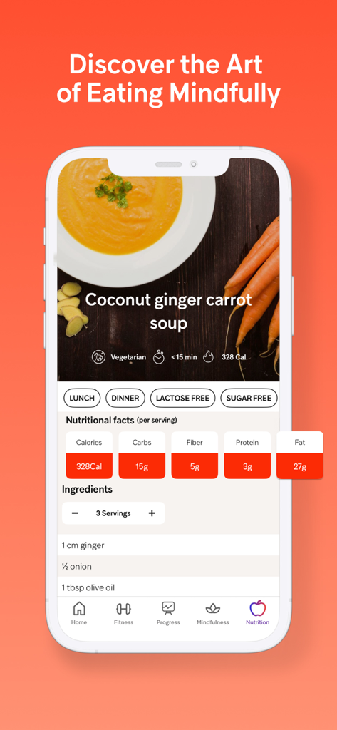 Una schermata dell'app mobile che mostra la ricetta di una zuppa di carote sana con dettagli nutrizionali e ingredienti.