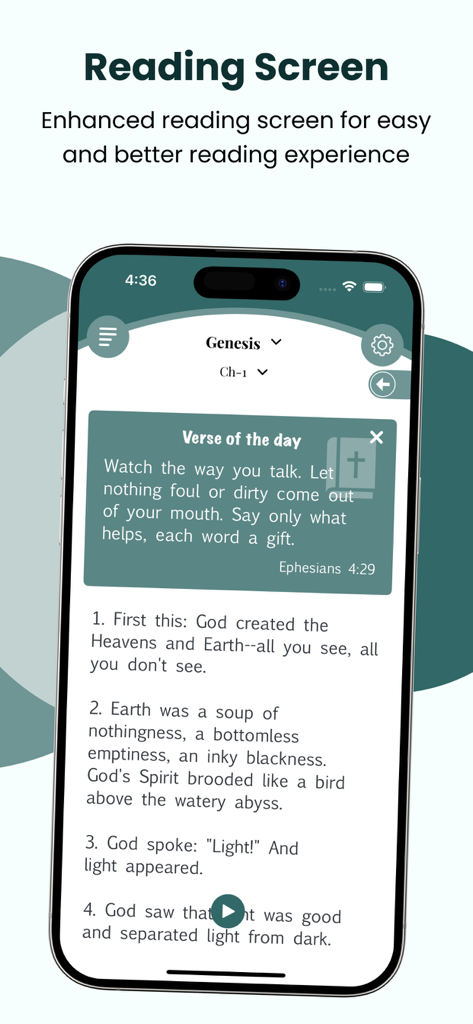 Message Bible app reading interface with Genesis text and daily verse popup