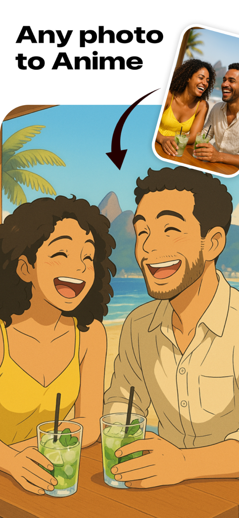 Artify:Cartoon art filter - A comparison showing a real photo of a couple on a beach transformed into a vibrant anime-style illustration using the Artify app.