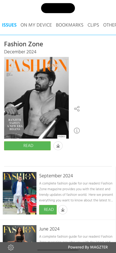 Fashion Zone Magazine - Benutzeroberfläche der Fashion Zone Magazin App, die verschiedene Ausgaben zeigt, einschließlich des Covers vom Dezember 2024.