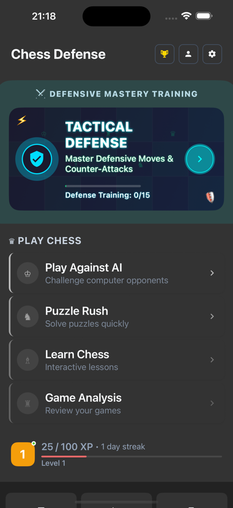Chess Defense Trainer - Panel principal de la aplicación Entrenador de Defensa de Ajedrez mostrando opciones de entrenamiento de defensa táctica y progreso del jugador