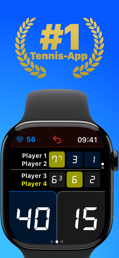 テニスのダブルスの試合スコア、ポイント、セット、心拍数追跡を表示する Apple Watch 画面