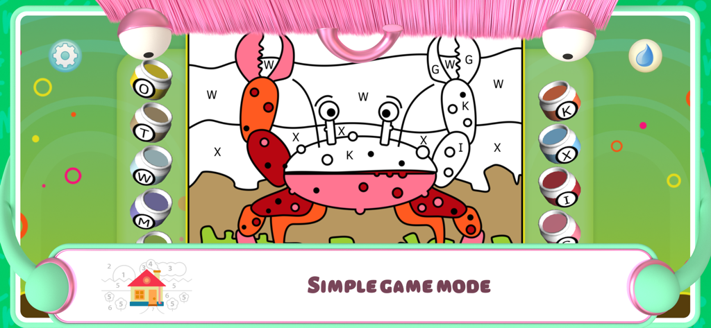 Color by Numbers - Animals + - A screenshot of the Color by Numbers Animals app showing a crab being colored by letter in simple game mode