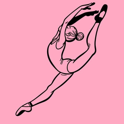 gymnast doing a leap in a leotard with a bent back leg