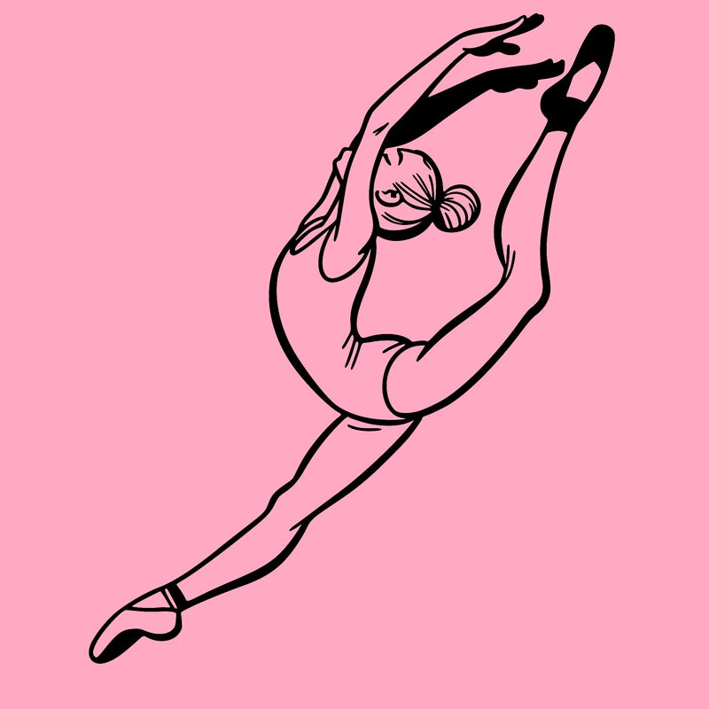 gymnast doing a leap in a leotard with a bent back leg