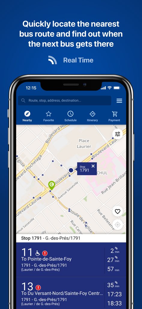 RTC’s real-time Nomade - Mobile interface of RTC Nomade app showing real-time bus arrival times and stop locations on a map