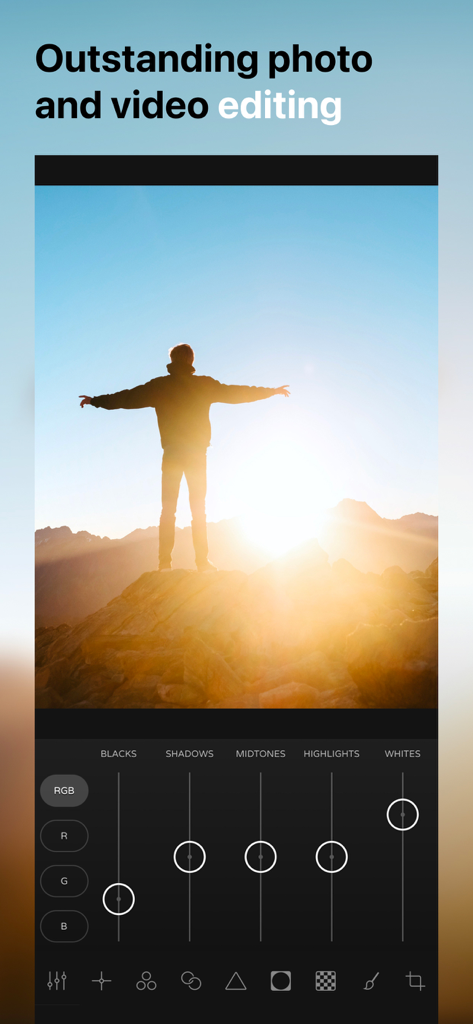 Ultralight app interface showing advanced color adjustment tools for photo and video editing