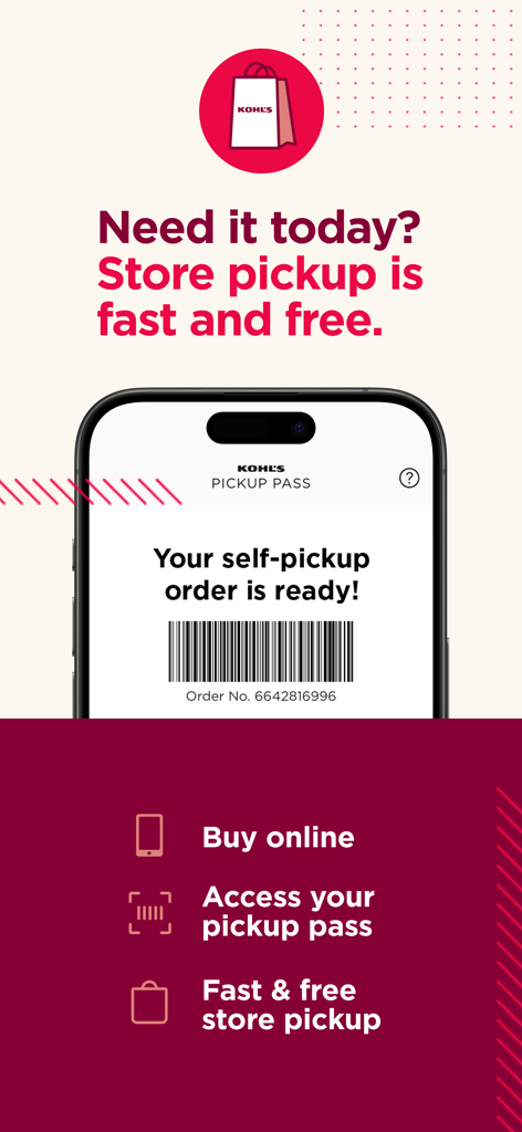 Écran de l'application Kohl's montrant un laissez-passer de ramassage numérique avec un code-barres pour un ramassage gratuit en magasin