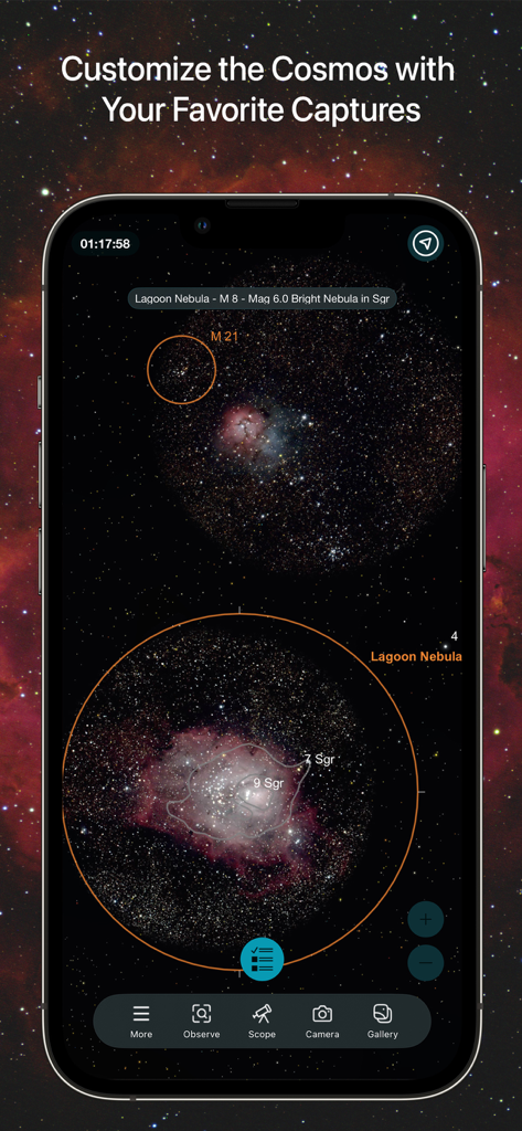 SkySafari 8 Pro - SkySafari 8 Pro app screen showing the Lagoon Nebula and star clusters on a star map