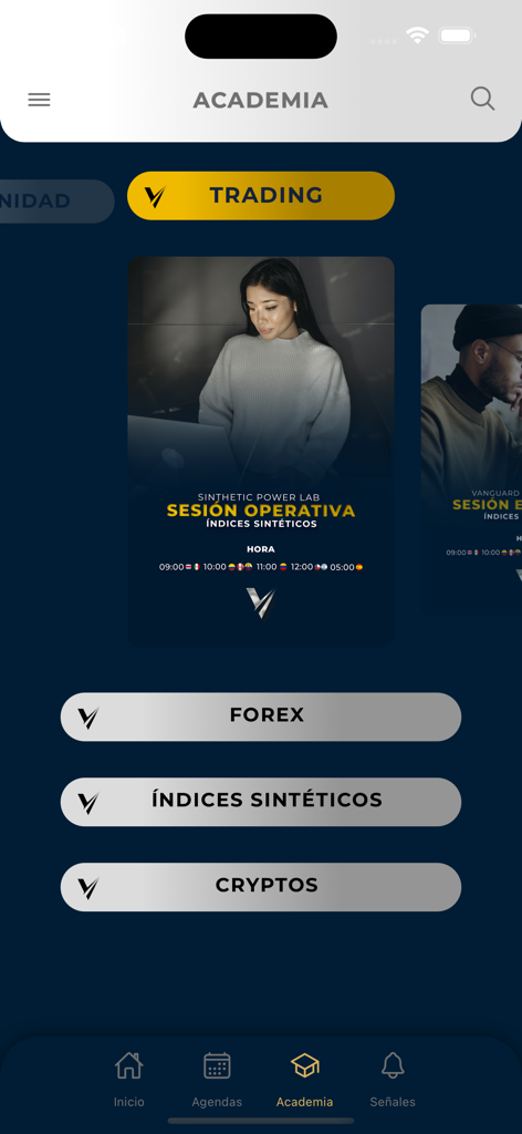 Mobile screen of the Vanguard app showing the Academia section with options for Forex, Synthetic Indices, and Cryptos courses.