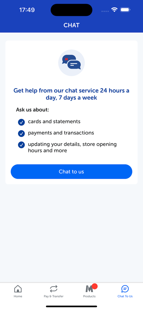 Metro Bank Mobile Banking - Metro Bank mobile banking app screen showing 24/7 chat support for account and card inquiries.