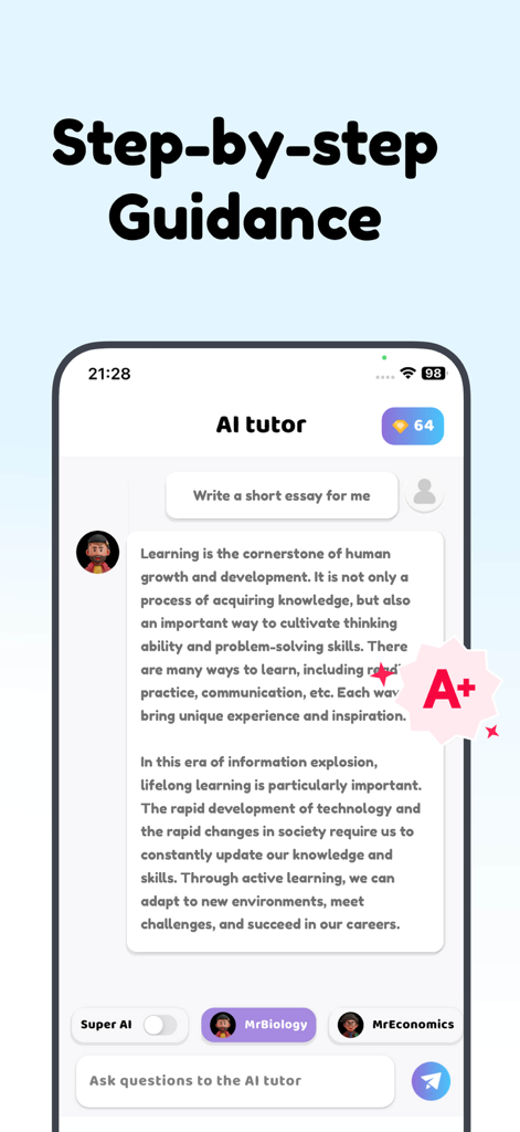 Goth AI - Math Problem Solver - Goth AI app interface showing a chat with an AI tutor writing a short essay with step by step guidance
