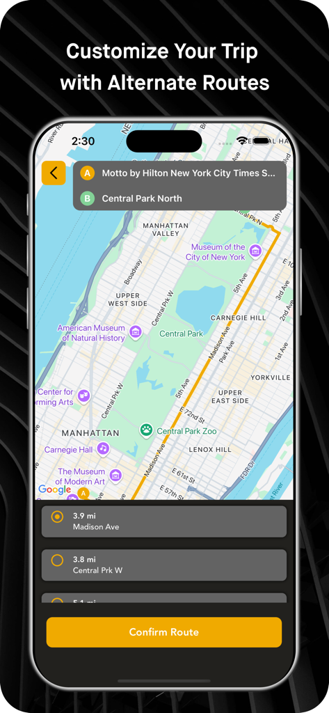 Interface do aplicativo Rastreador de Quilometragem de Viagem mostrando um mapa com rotas de condução alternativas personalizáveis e cálculos de quilometragem