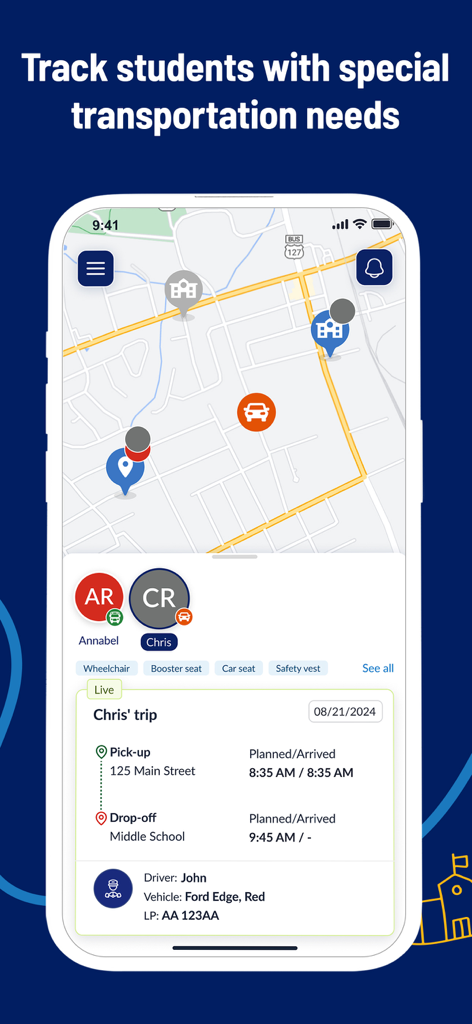 A mobile interface of the First View app displaying a map for tracking students with special transportation needs.