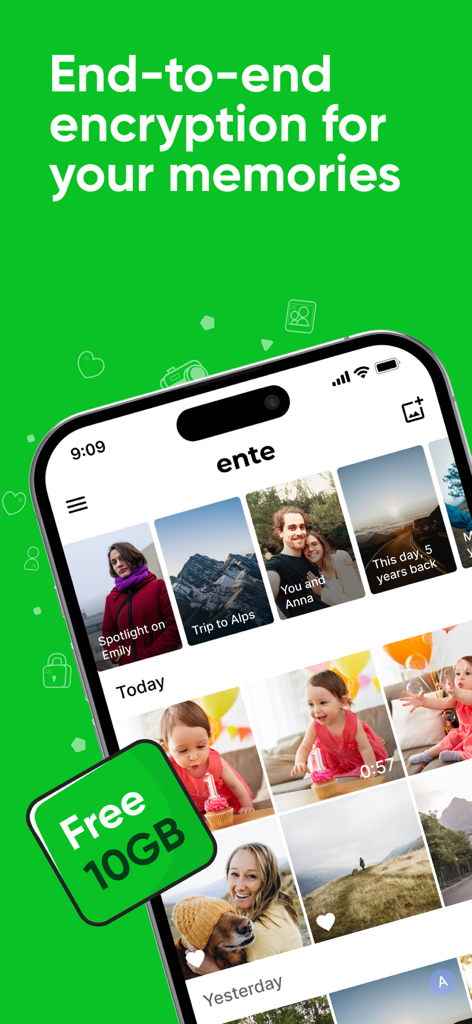 Interface do aplicativo móvel Ente Photos mostrando armazenamento de fotos criptografado e uma oferta de armazenamento gratuito de 10 GB