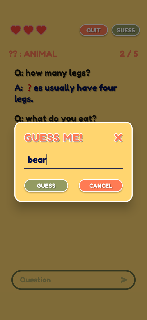 Guess Me!!! - Gameplay screen of Guess Me app showing a user guessing the word bear in the animal category based on AI responses