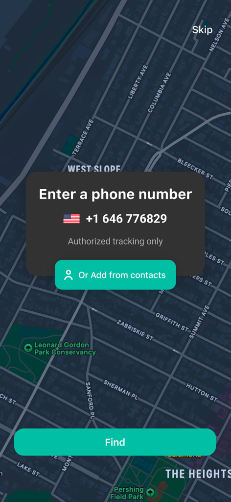 GeoZilla app interface for entering a phone number to find a contact on a map