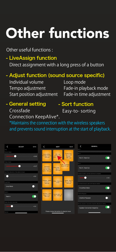 SoundPad Pro - Vista detalhada das configurações de ajuste de áudio do SoundPad Pro e interface de ordenação de pads.
