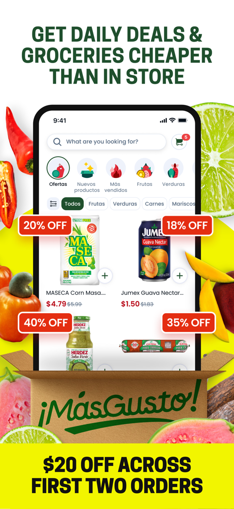 The MasGusto app interface showing daily deals and discounts on authentic Latino groceries like corn masa and guava nectar