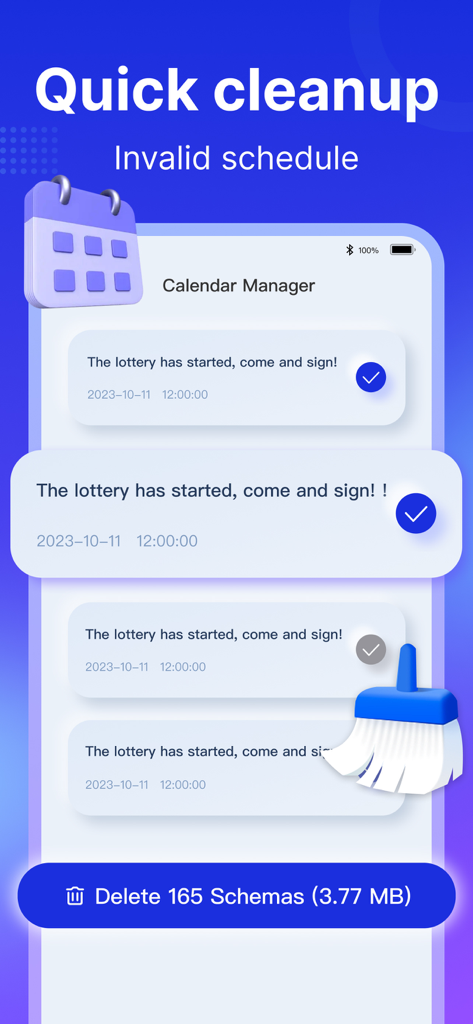 GoCleaner: Boost Phone Storage - GoCleaner app interface for deleting invalid calendar schedules and spam invites with one click.