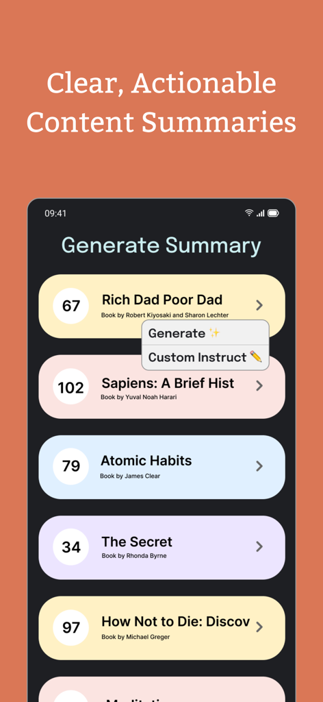 2Read: AI Kindle Reading Buddy - Interfaz de la aplicación 2Read que muestra una lista de libros populares con opciones para generar resúmenes de IA a partir de resaltados de Kindle