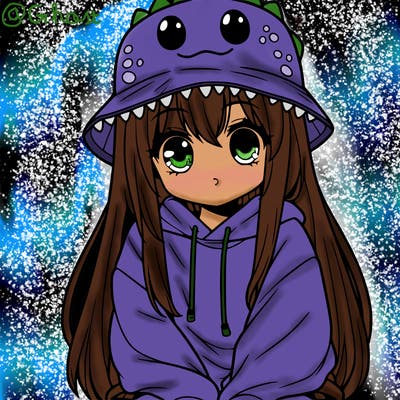 girl with anime shaped eyes with a dinosaur bucket hat oversized sweatshirt long straight hair