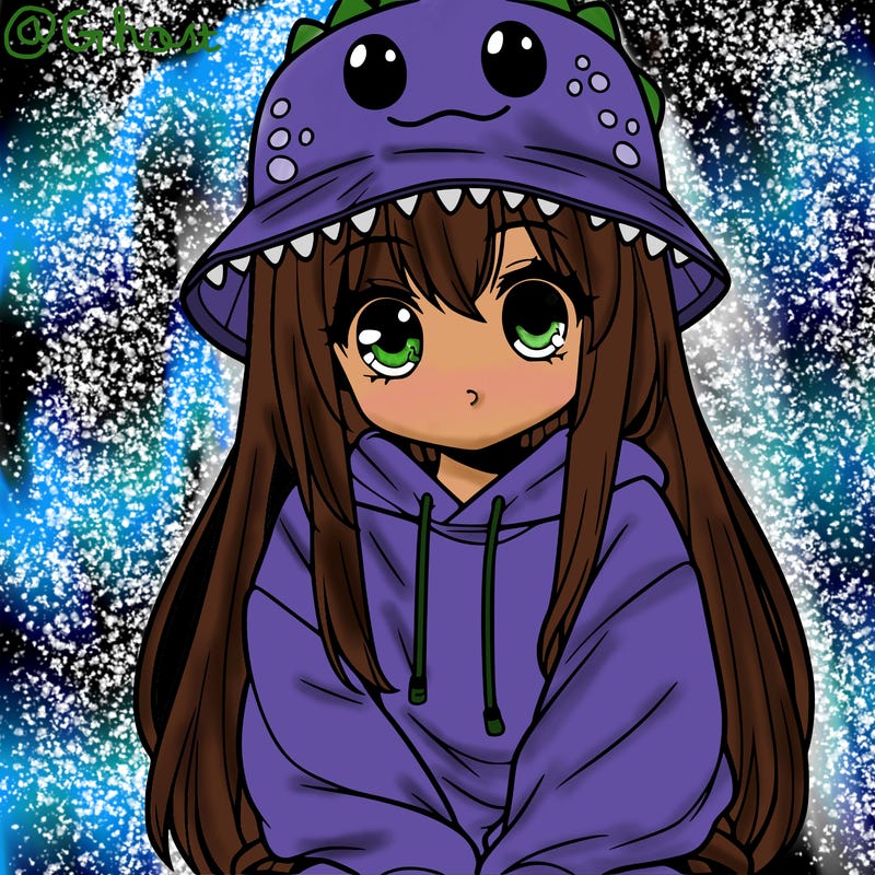 girl with anime shaped eyes with a dinosaur bucket hat oversized sweatshirt long straight hair