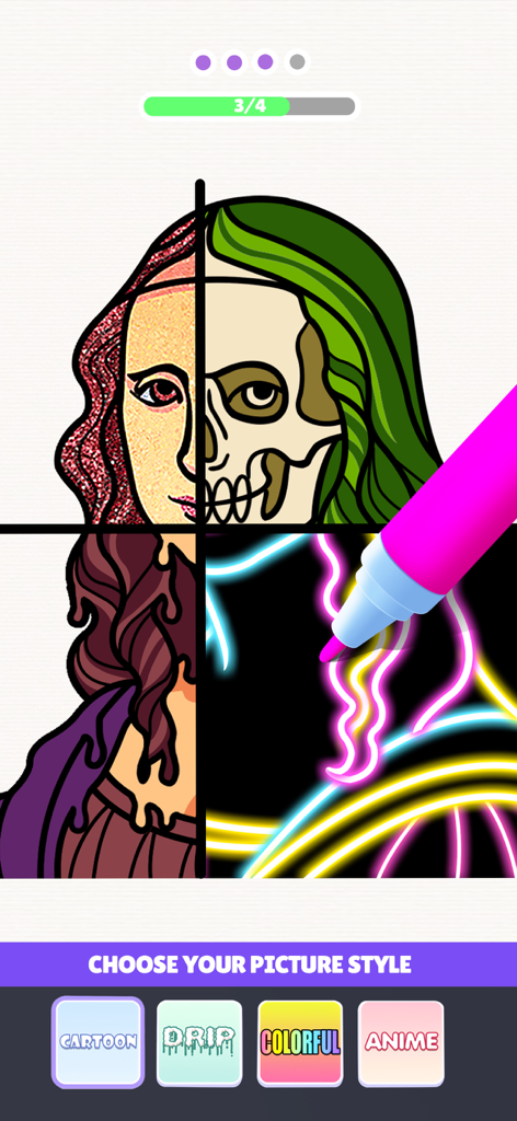 Drawing Carnival - A split-screen coloring interface in Drawing Carnival featuring neon, drip, and skull art styles.