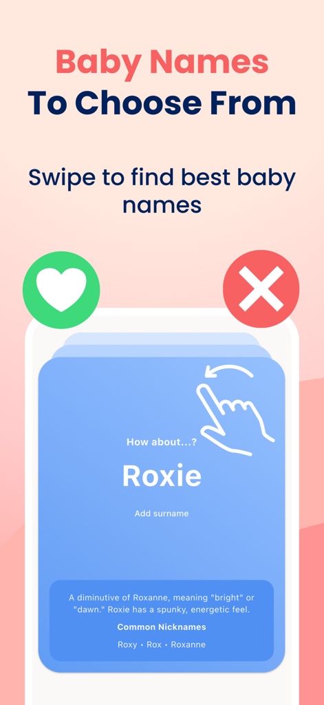 HiMommy: Ovulation & Pregnancy - HiMommy app screenshot showing a tinder style swipe interface for choosing baby names with name meanings and nicknames.