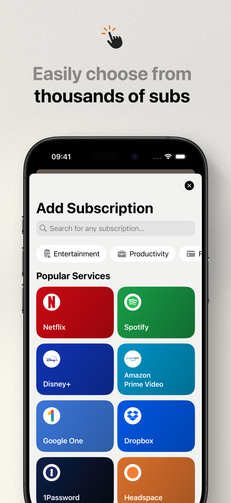 Interface of Subo app displaying popular subscription templates like Netflix and Spotify for easy selection