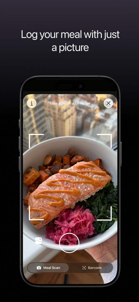 Microgram: Nutrient Tracker - A smartphone screen showing the Microgram app scanning a healthy salmon bowl to automatically log nutrients via a photo.