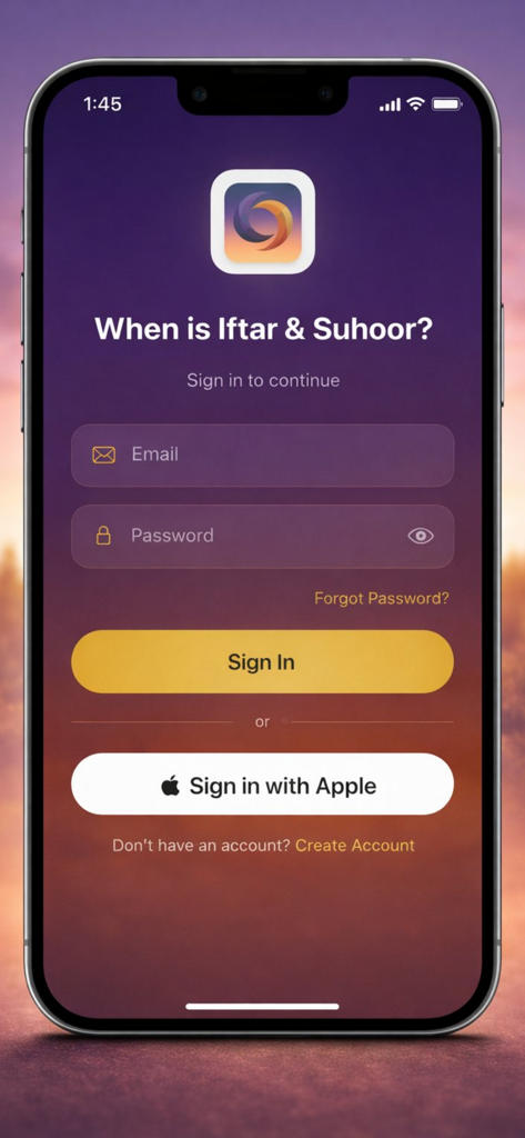 Pantalla de inicio de sesión para la aplicación ¿Cuándo es el Iftar y el Suhoor con opciones de inicio de sesión por correo electrónico y Apple sobre un fondo temático de atardecer.