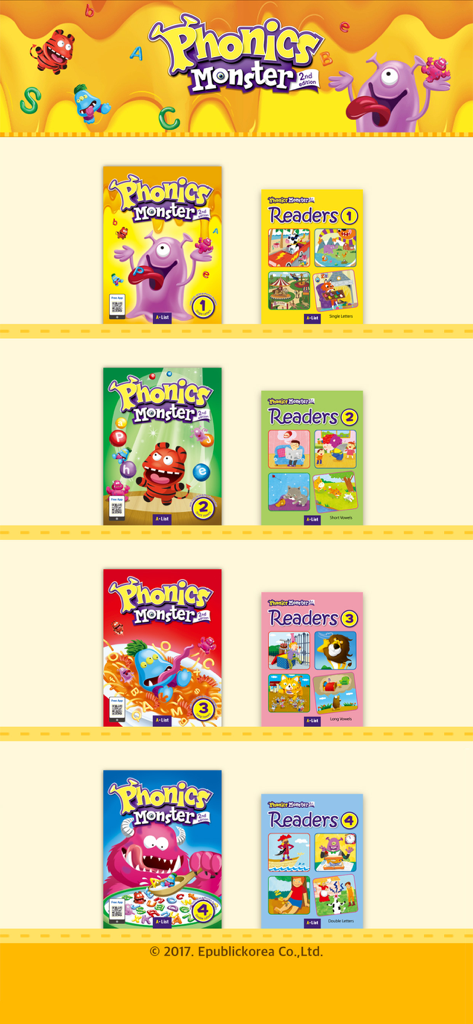 Phonics Monster 2nd - フォニックスモンスター 2nd版カリキュラム概要、4レベルの教科書とリーダーを示す
