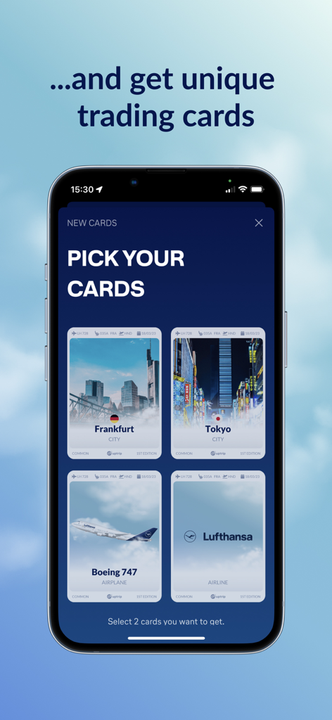 Interface of the Uptrip app showing a selection of digital trading cards including Frankfurt, Tokyo, Boeing 747, and Lufthansa.