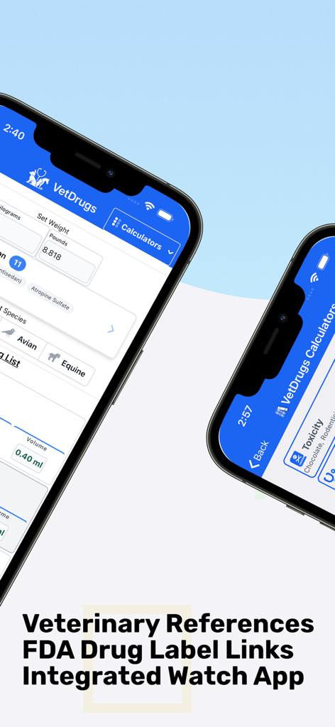 VetDrugs Veterinary Calculator - Interfaccia dell'app VetDrugs che visualizza calcolatori di farmaci veterinari e riferimenti clinici su uno smartphone.