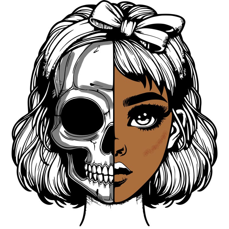 realistic girl with half skull mask