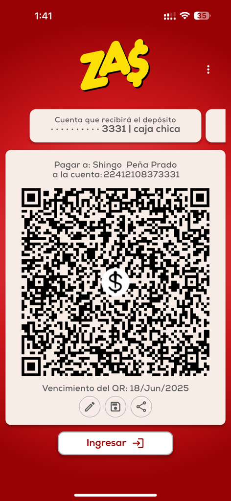 ZA$ - Interfaz de la app ZA que muestra un código QR para realizar o recibir pagos móviles