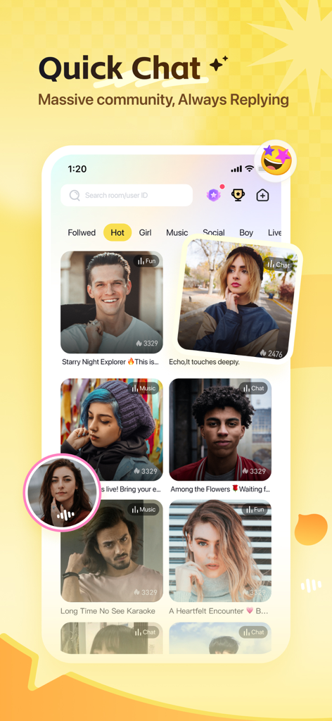 Wefun - Chat, Party and Game - Wefun app screenshot showing the Quick Chat screen with a community of user profiles for voice chat and social interaction.