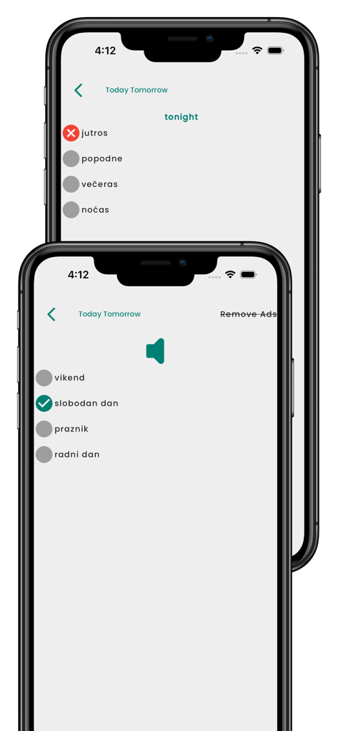 Deux écrans de smartphone montrant des quiz de vocabulaire dans l'application Apprendre le Croate pour débutants.