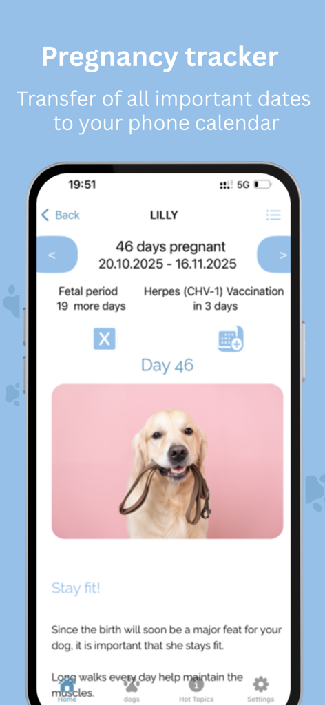 Puppy-Center: Dog Breeding App - Interface of the Puppy-Center app showing a pregnancy tracker with milestones and calendar sync for a dog