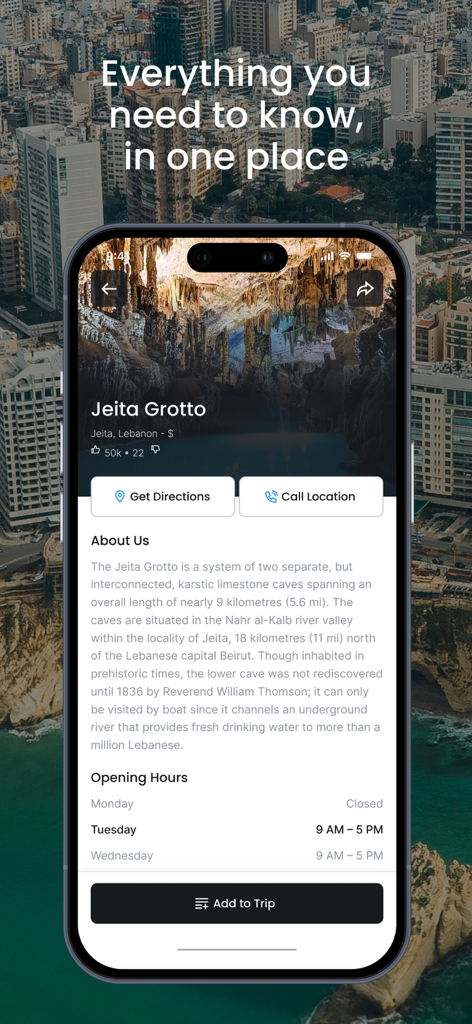 Ministry of Tourism Lebanon - Detailed information about Jeita Grotto on the Ministry of Tourism Lebanon app featuring opening hours and travel planning tools