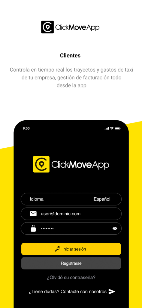 Click Move App - Mobile Anmeldebildschirm für Click Move App Firmen-Taxi und Spesenmanagement.