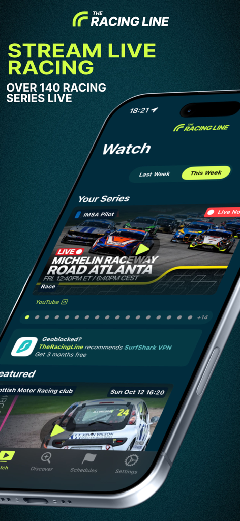 TheRacingLine: Racing Live TV - Mobile app interface showing live racing streams and schedules for international motorsport series