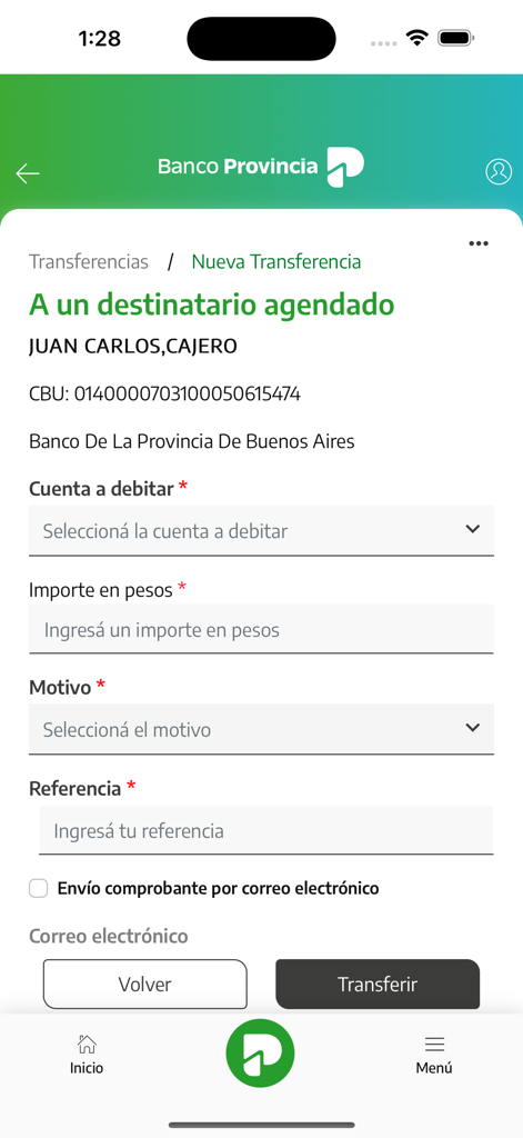 BIP Móvil - Interfaz de la aplicación BIP Movil para realizar una transferencia bancaria en Argentina